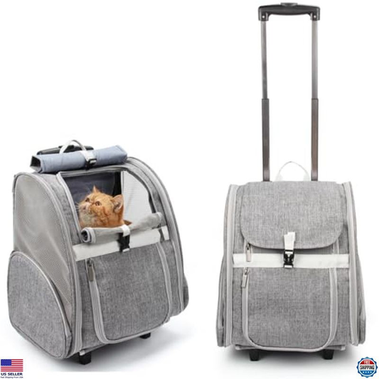 Pet Rolling Carrier Backpack with Wheels for Dogs, Cats & Puppies - Grey Trolley