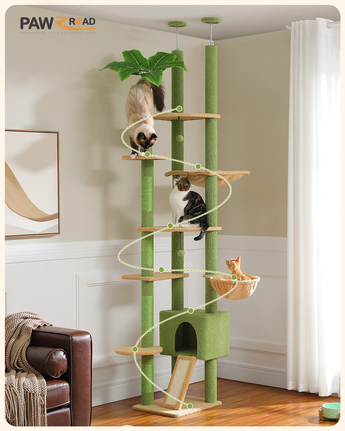 PAWZ Road Cat Tree Tower Floor to Ceiling Scratcher Height Adjustable 91''~100"
