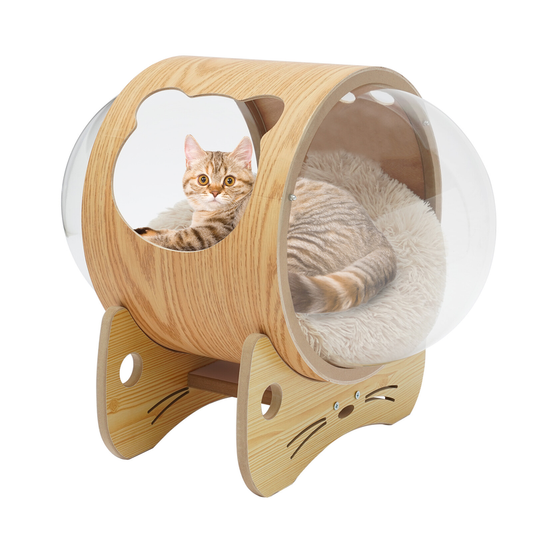 Wooden Spaceship Cat Bed House with Cushion, Modern Pet Bed 18.7lbs Capacity