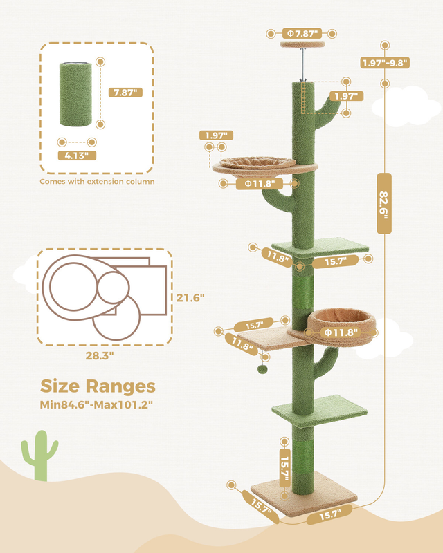 PAWZ Road Cactus Floor to Ceiling Cat Tree Tower Cat Scratching Post Scratcher