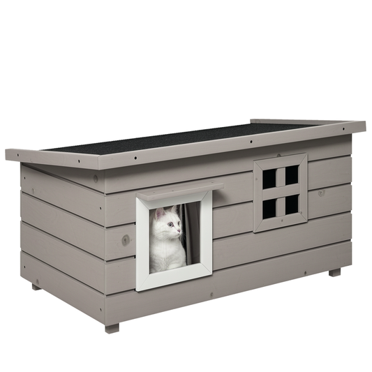 PawHut Outdoor Wooden Cat House with Openable Top, Asphalt Roof, Window, Grey